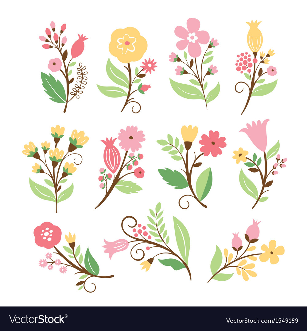 Cute Flowers With Petals And Leaves Branches Vector Image, 48% OFF