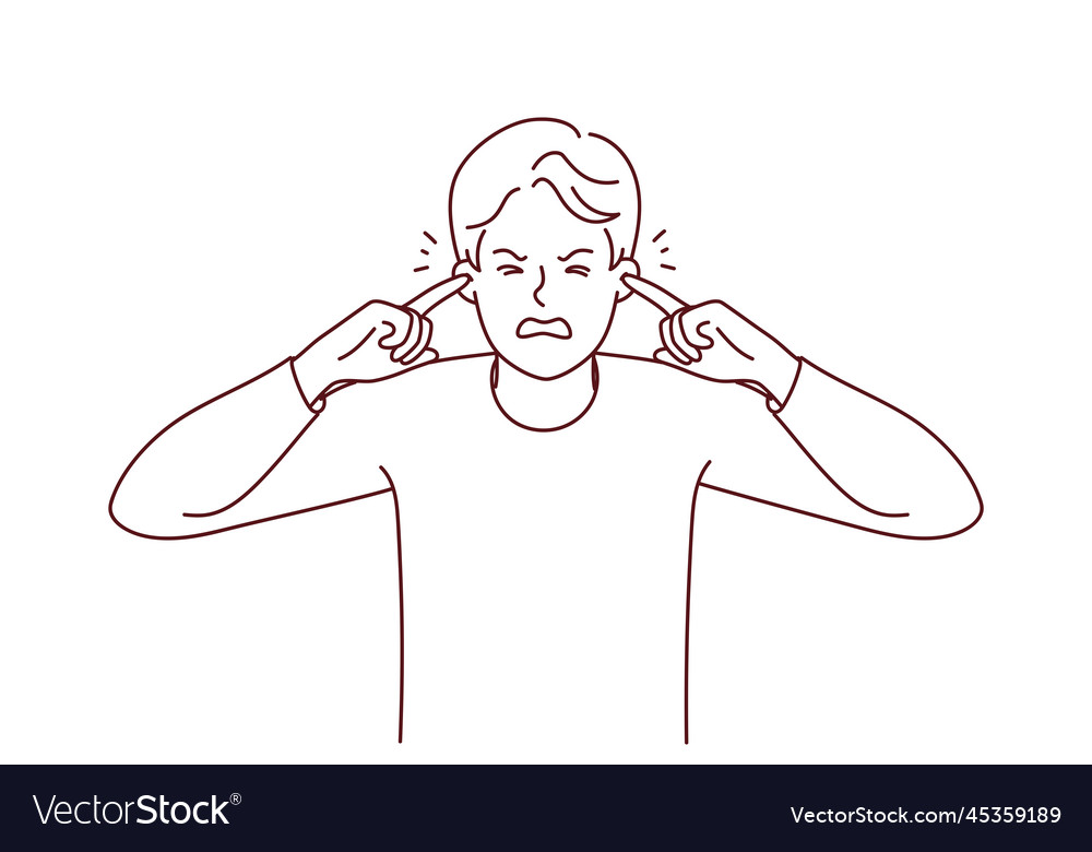 Unhappy man close ears suffer from noise