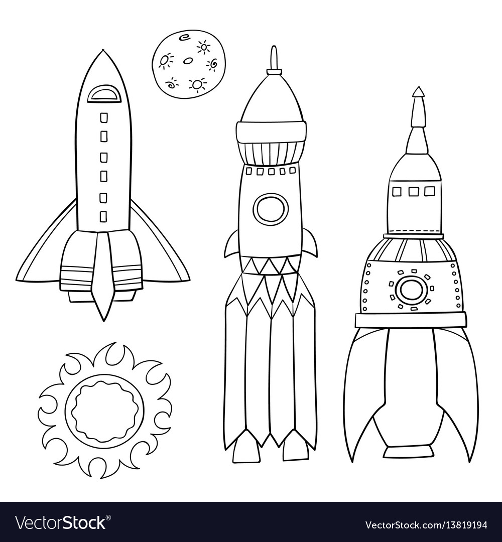 Card with space objects rockets the moon