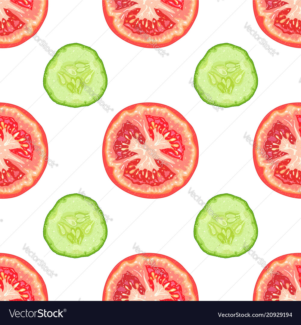 Seamless pattern of tomato slices and cucumber