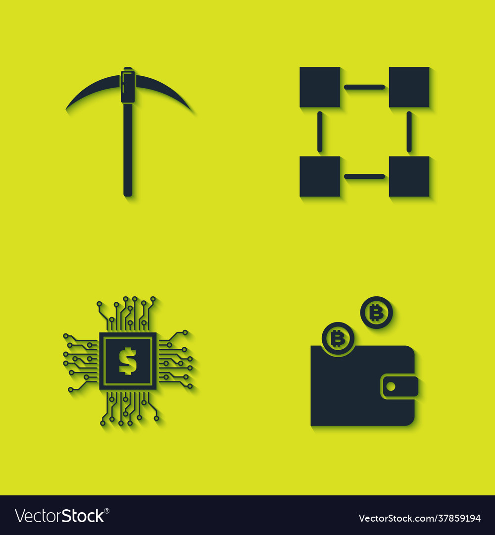Set pickaxe cryptocurrency wallet processor chip vector image Set pickaxe cryptocurrency wallet processor chip