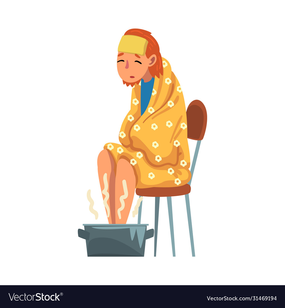 Sick Woman Warming Feet with Hot Water