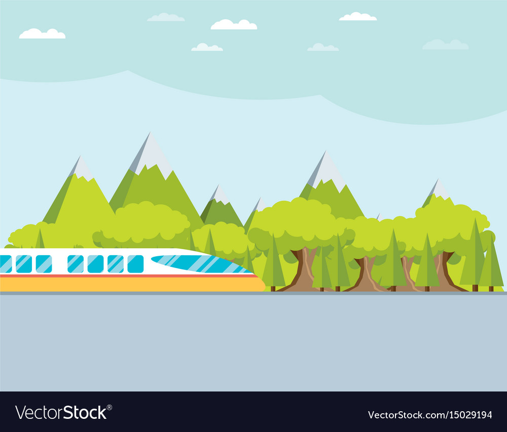 Train on railway with forest and mountains