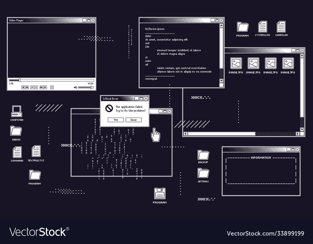 1 bit retro user interface with video player Vector Image