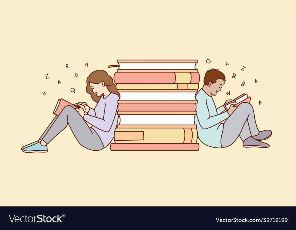People sit near books pile reading on weekend vector image People sit near books pile reading on weekend