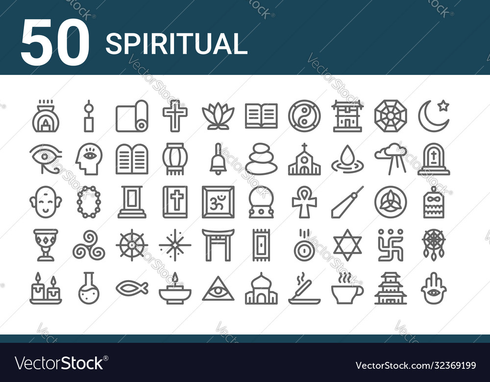 Set 50 spiritual icons outline thin line