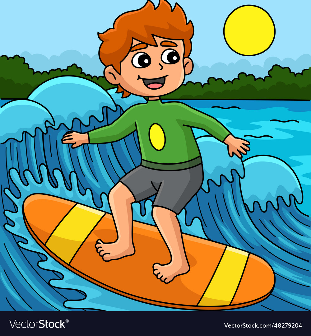 Boy surfing in summer colored cartoon