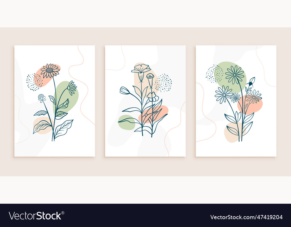 Line art abstract flower and leaves poster in set