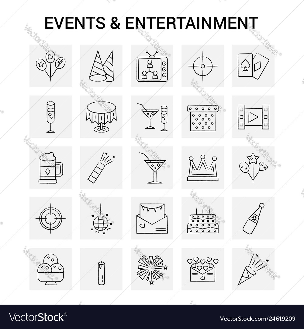 25 hand drawn events and entertainment icon set