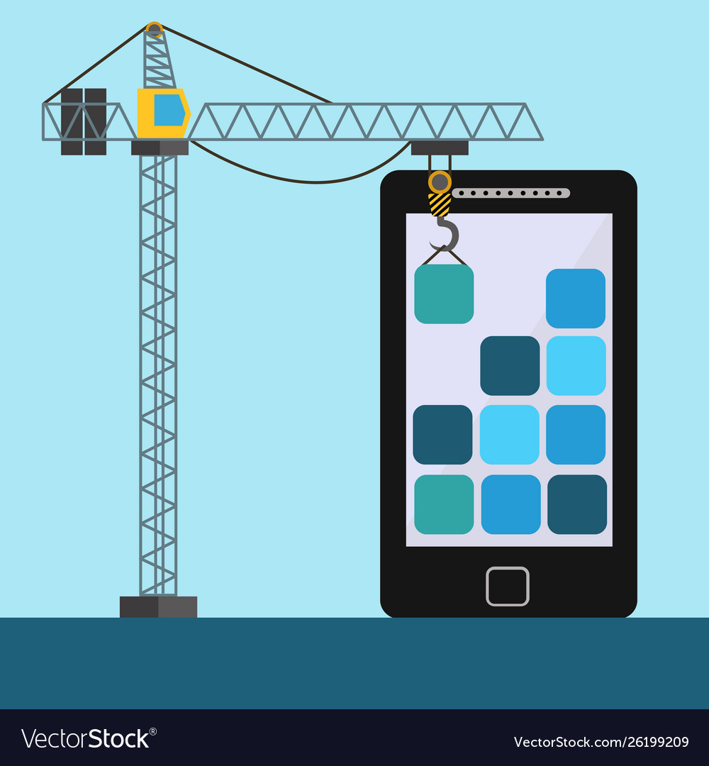 Mobile app design with crane lifting building vector image Mobile app design with crane lifting building
