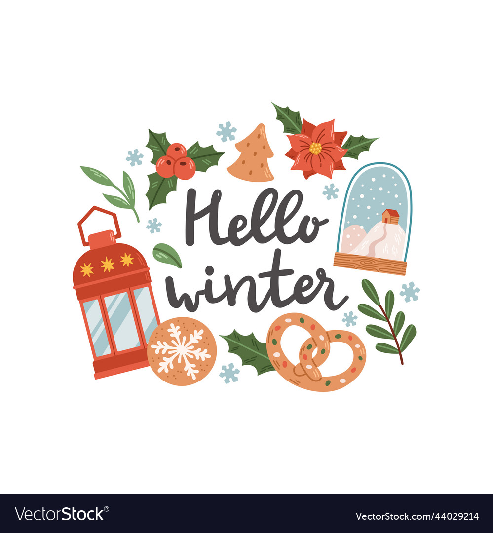 Hello winter phrase with wreath lettering