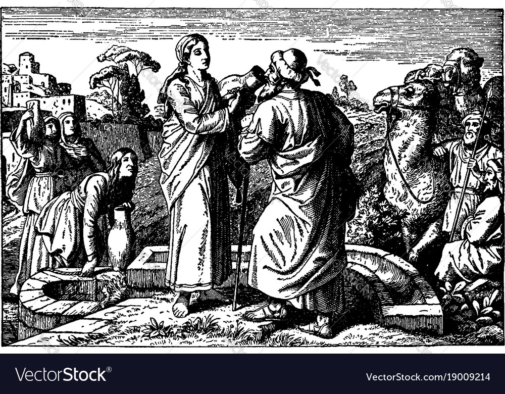 Rebecca offers water to eliezer at the well Vector Image