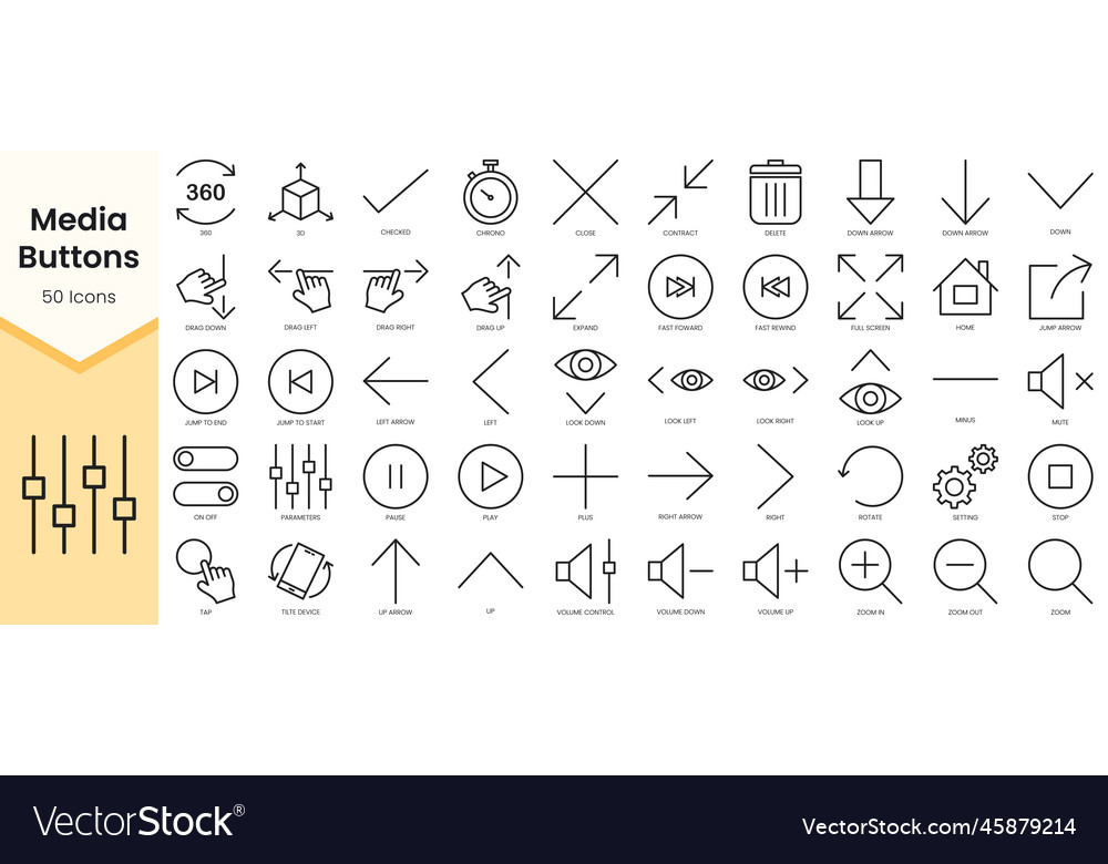 Set of media buttons icons simple line art style Vector Image Set of media buttons icons simple line art style