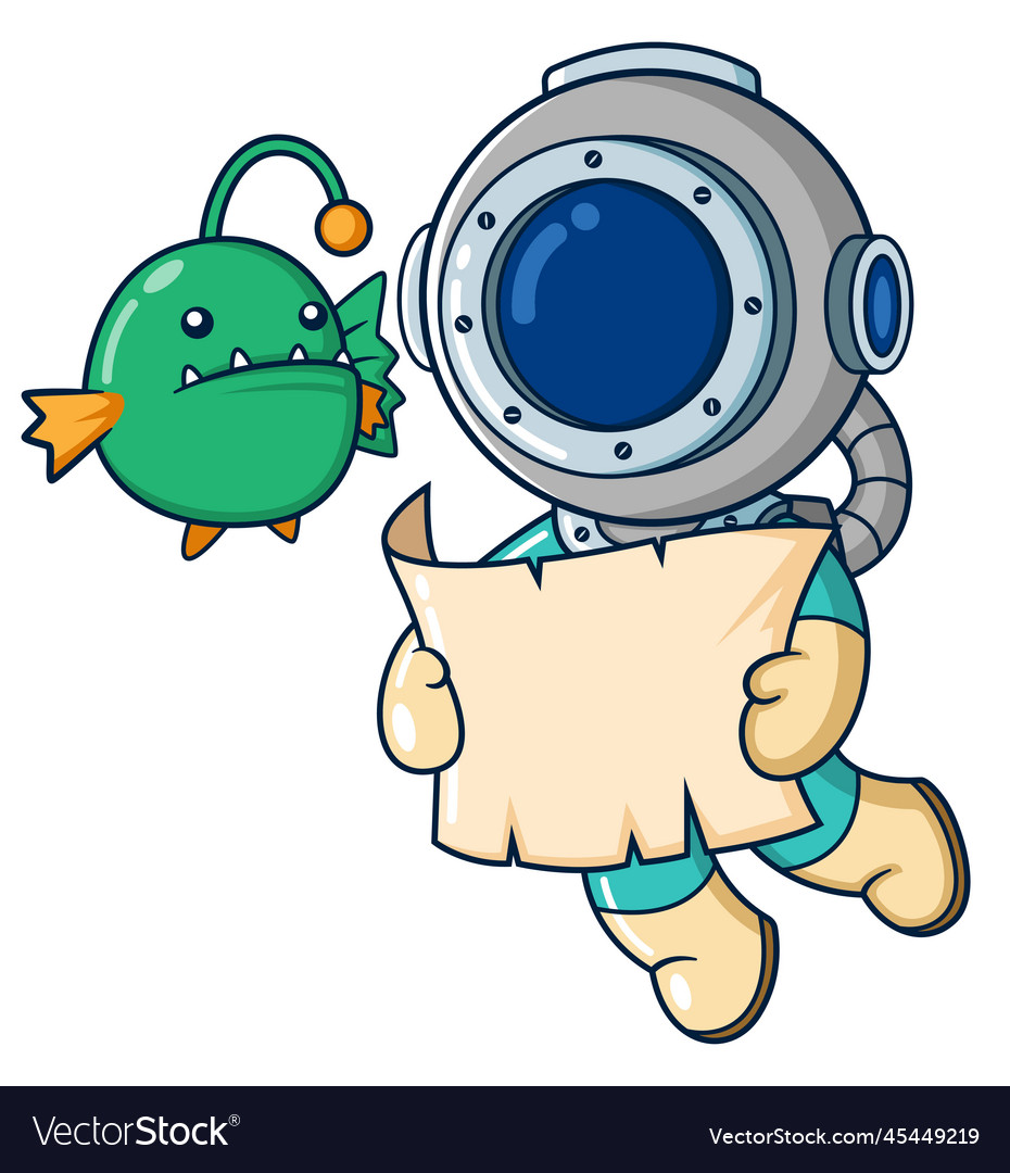 Funny diver reads a map with an angler fish Vector Image Funny diver reads a map with an angler fish