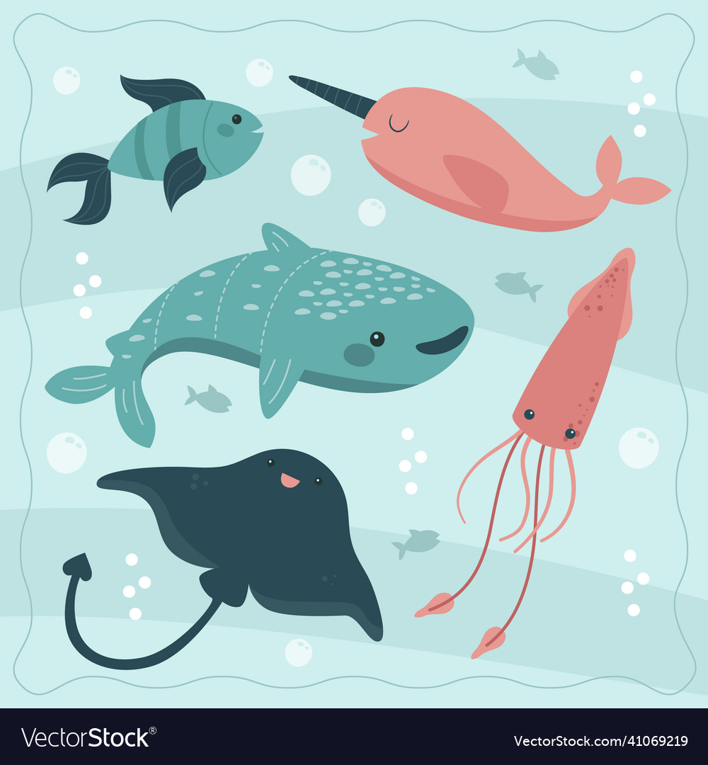 Hand drawn flat design sea animals set Royalty Free Vector Hand drawn flat design sea animals set Royalty Free Vector