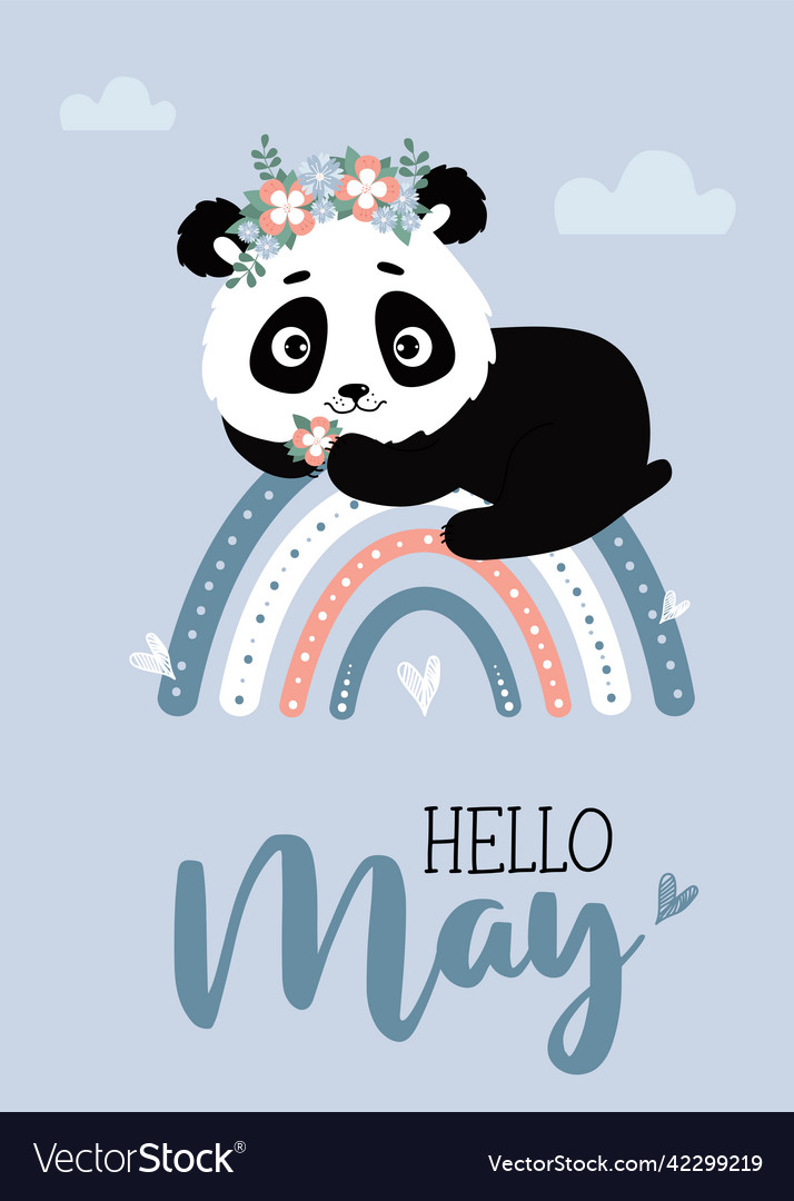 Hello maycute panda with flower wreath on rainbow vector image Hello maycute panda with flower wreath on rainbow