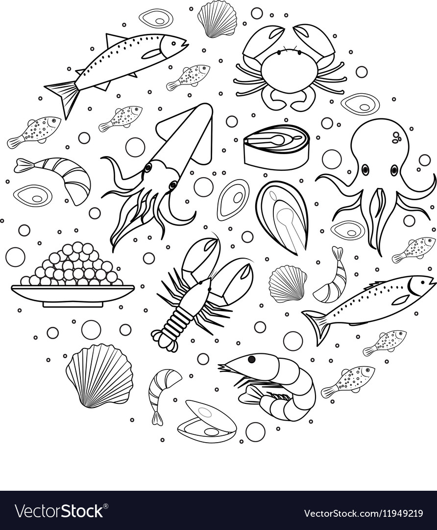 Seafood icons set in round shape line sketch