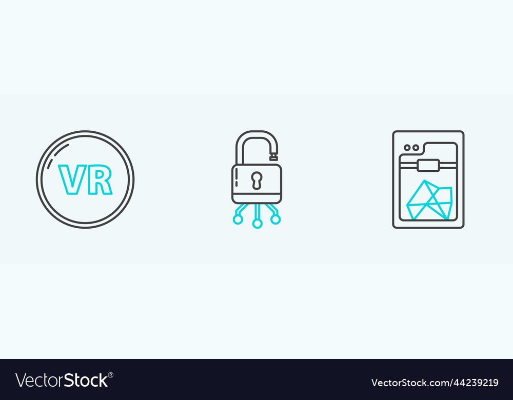 Set line 3d printer virtual reality and lock vector image Set line 3d printer virtual reality and lock