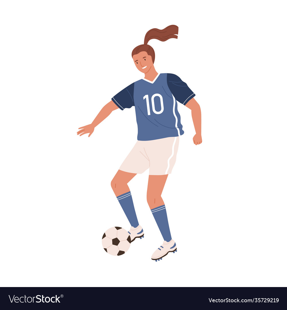 Young female soccer player kicking ball forward