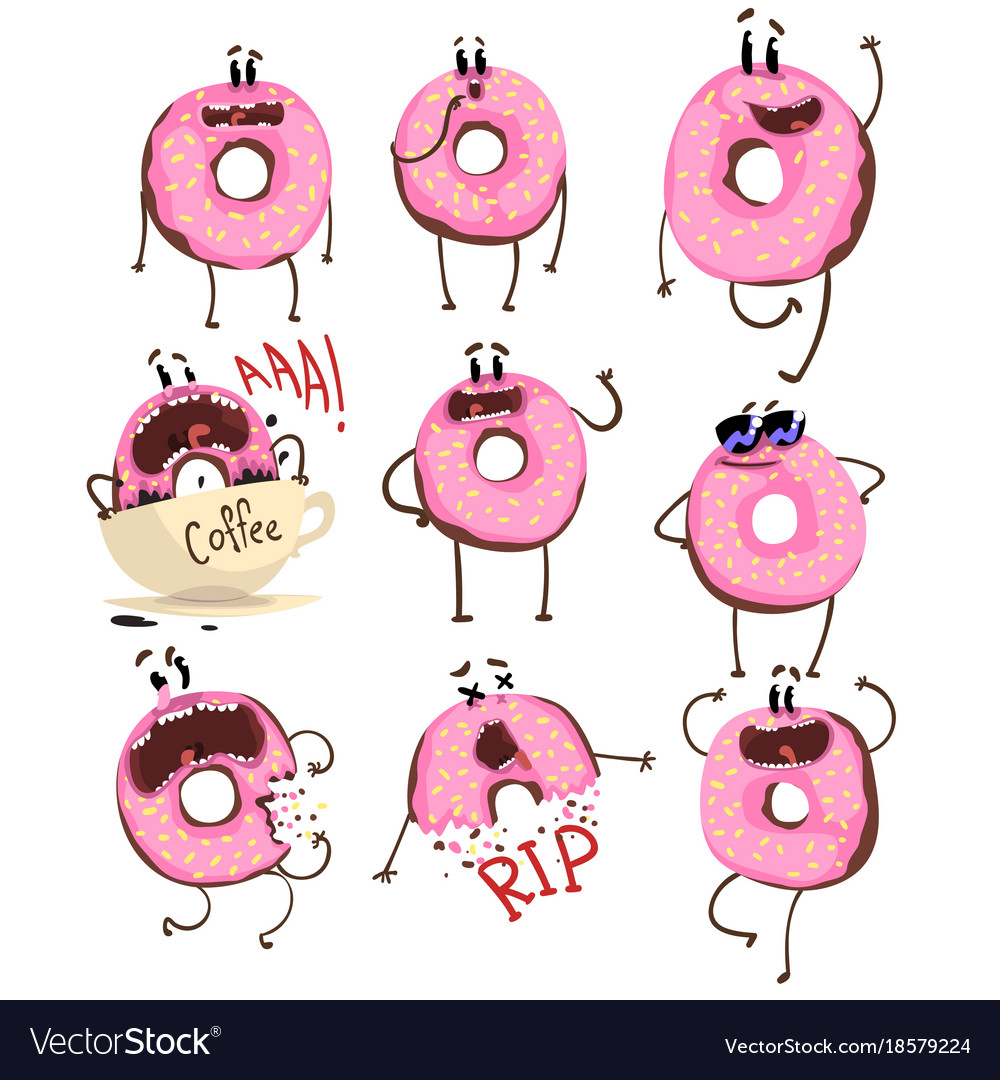 Funny pink donut cartoon character set cute