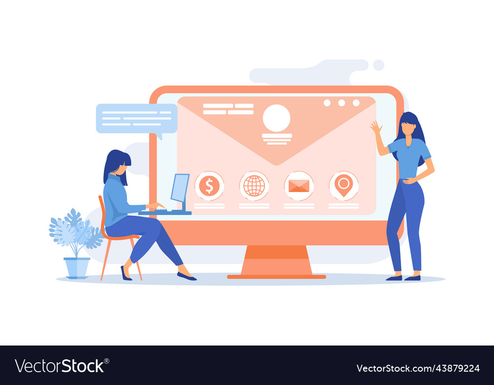 Web developer working on company website tiny Vector Image Web developer working on company website tiny