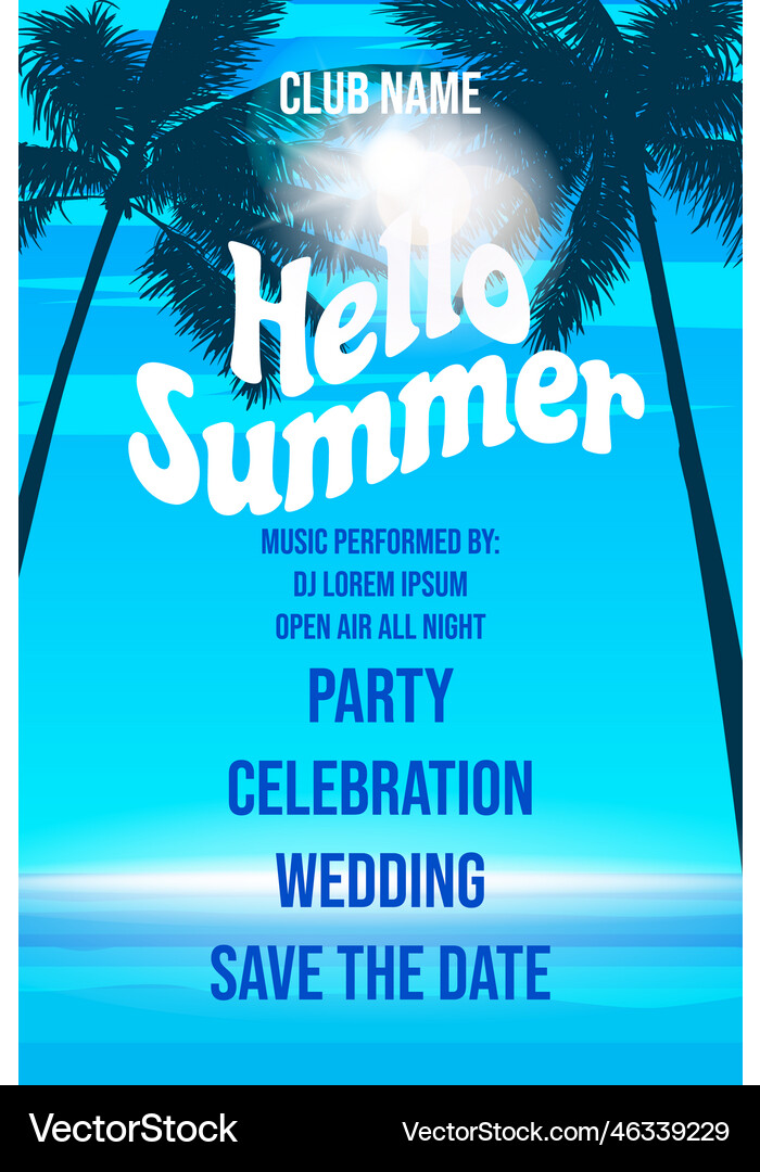 Hello summer template design beach palms party Vector Image