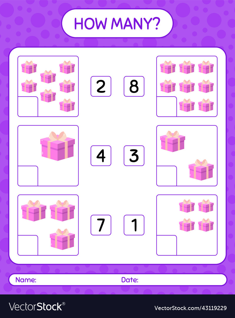 How many counting game with gift box worksheet