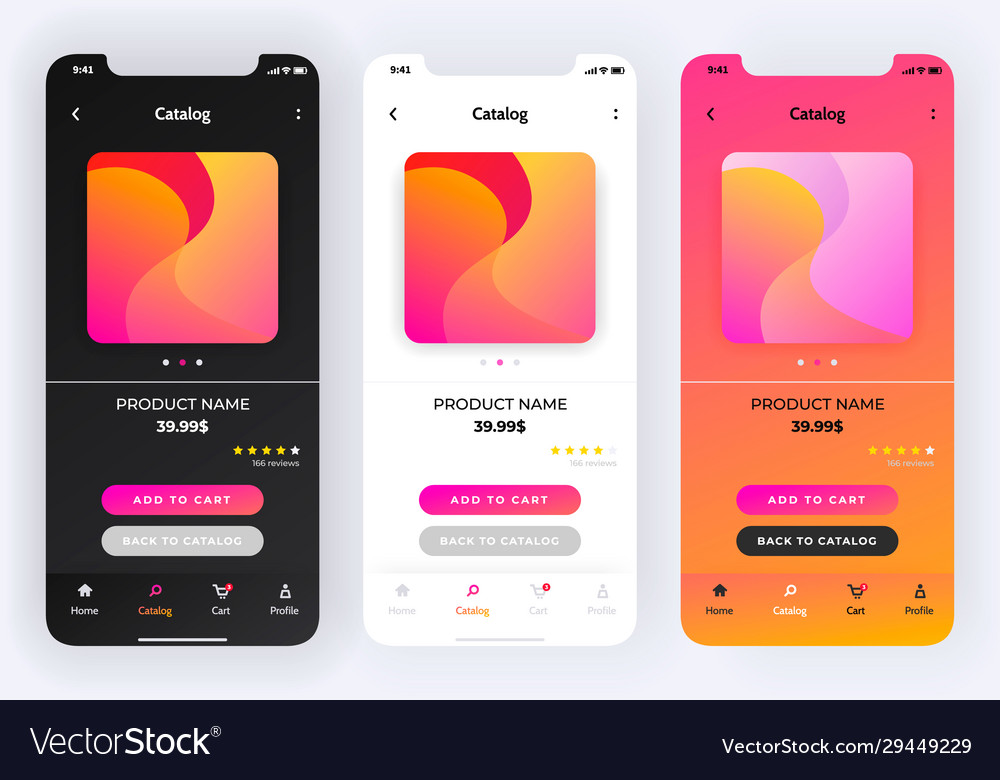 Online store app design in three variations vector image Online store app design in three variations