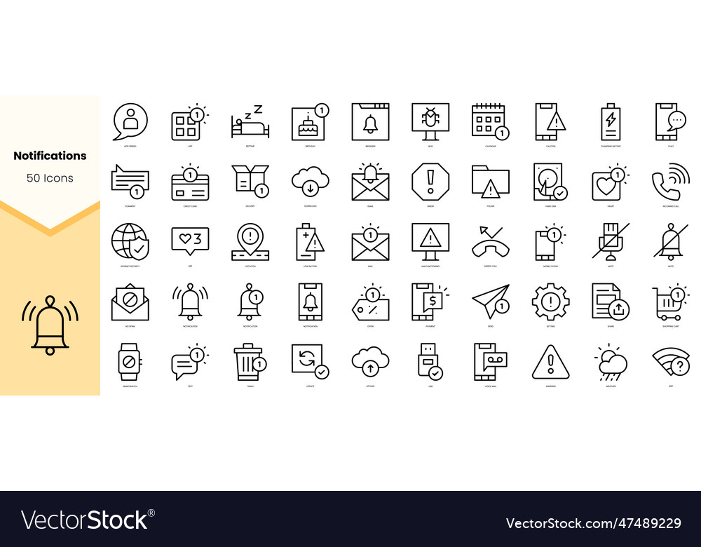 Set of notifications icons simple line art style vector image Set of notifications icons simple line art style