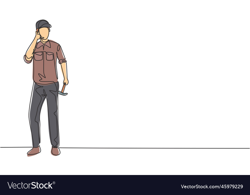 Single continuous line drawing carpenter standing
