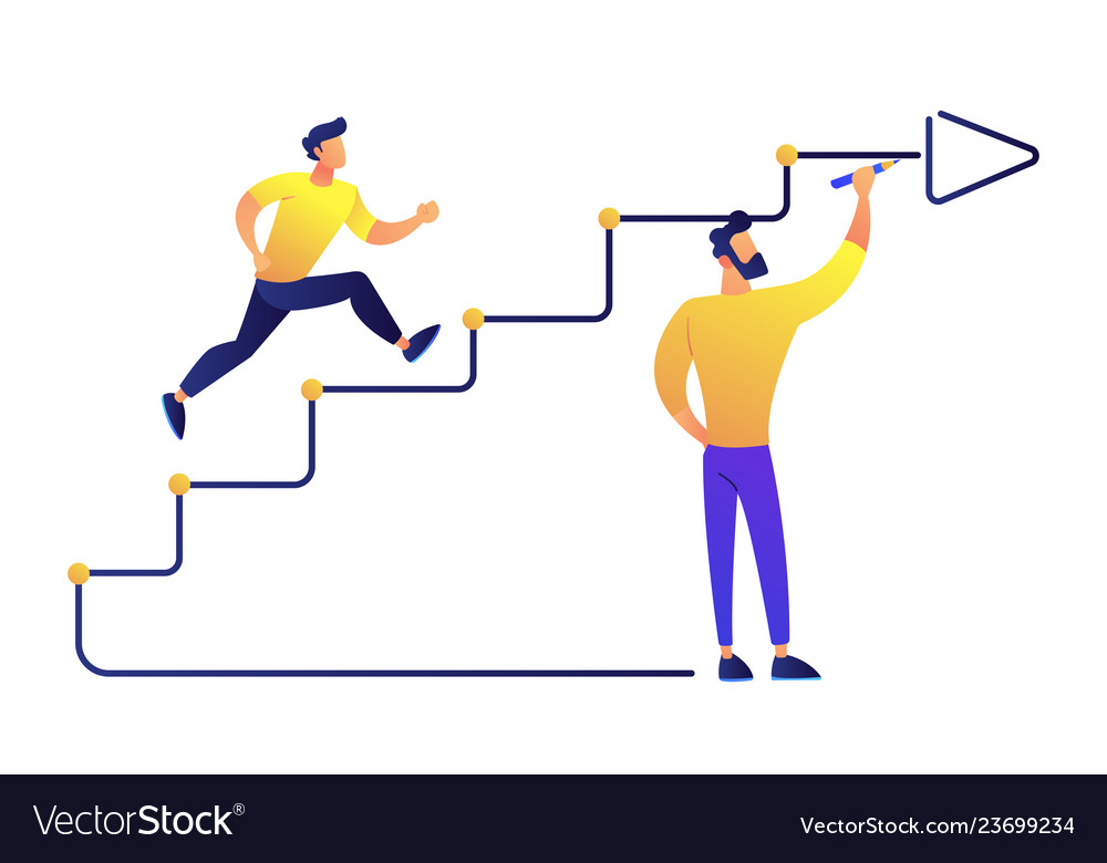 Businessman running up drawn stairs with arrow Vector Image