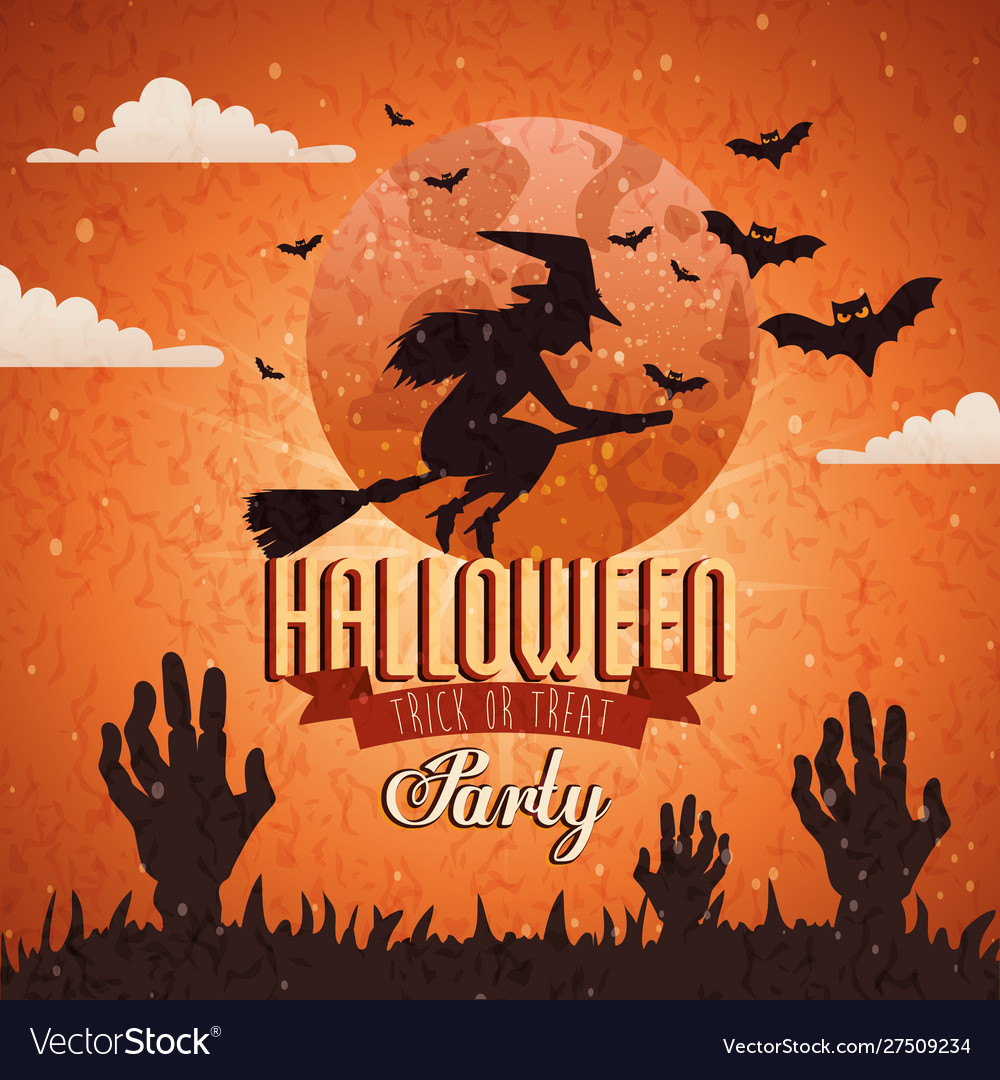 Poster party halloween with witch flying