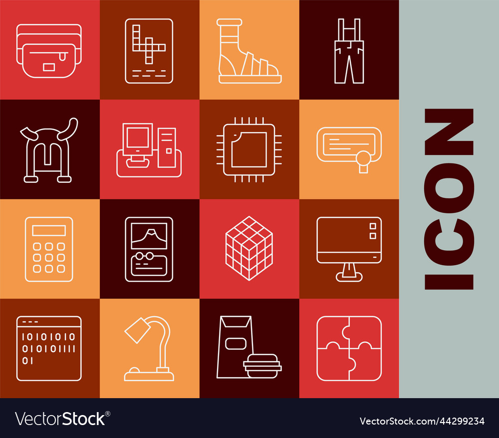 Set line piece of puzzle computer monitor screen vector image Set line piece of puzzle computer monitor screen