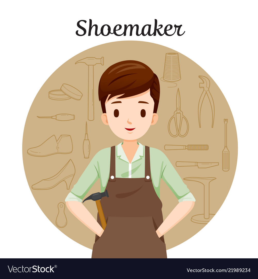 Shoemaker with outline icons set shoes repair Vector Image