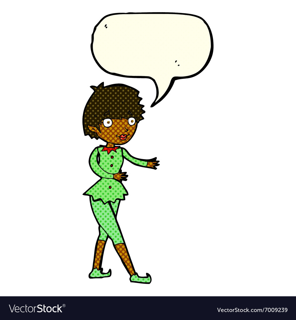 Cartoon christmas elf woman with speech bubble