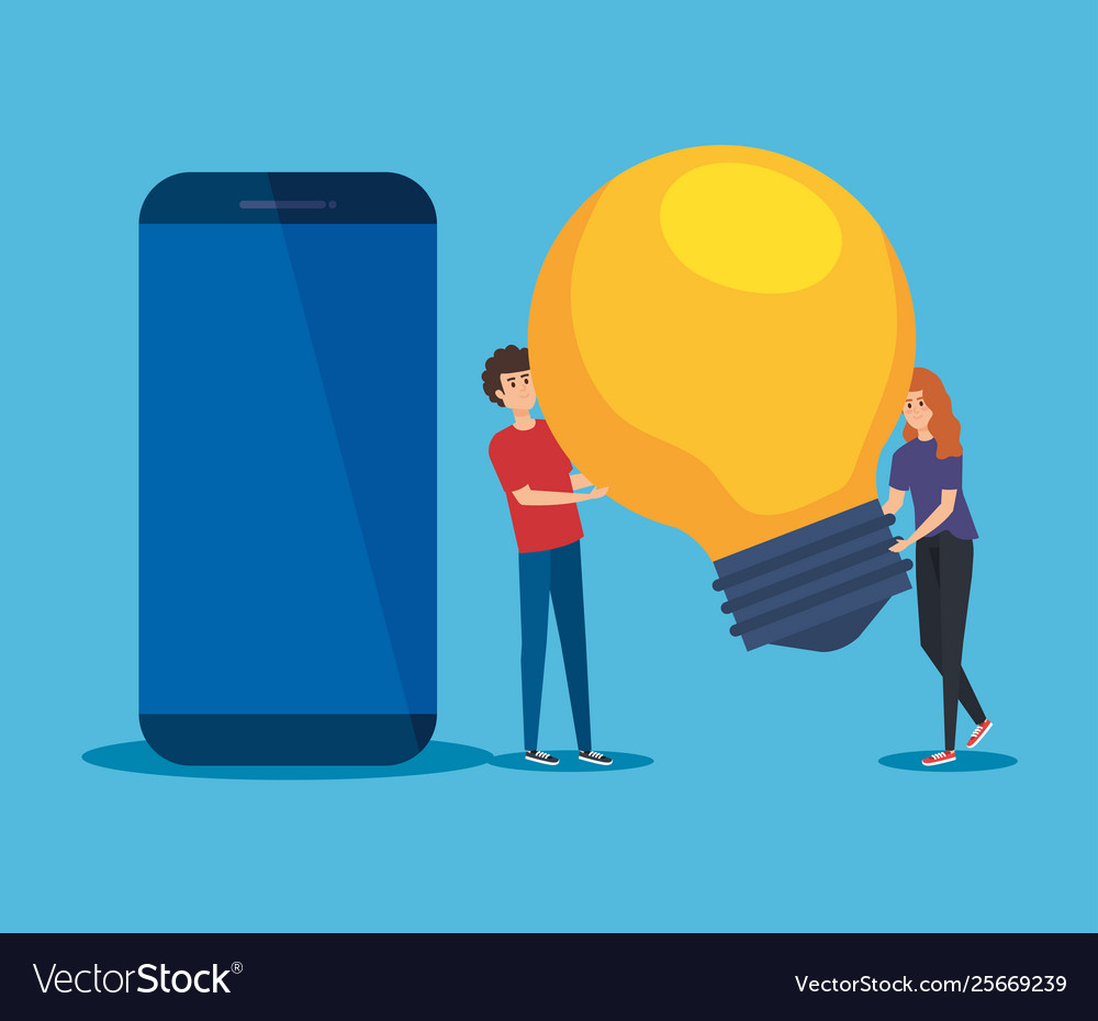 Man and woman with bulb idea smartphone