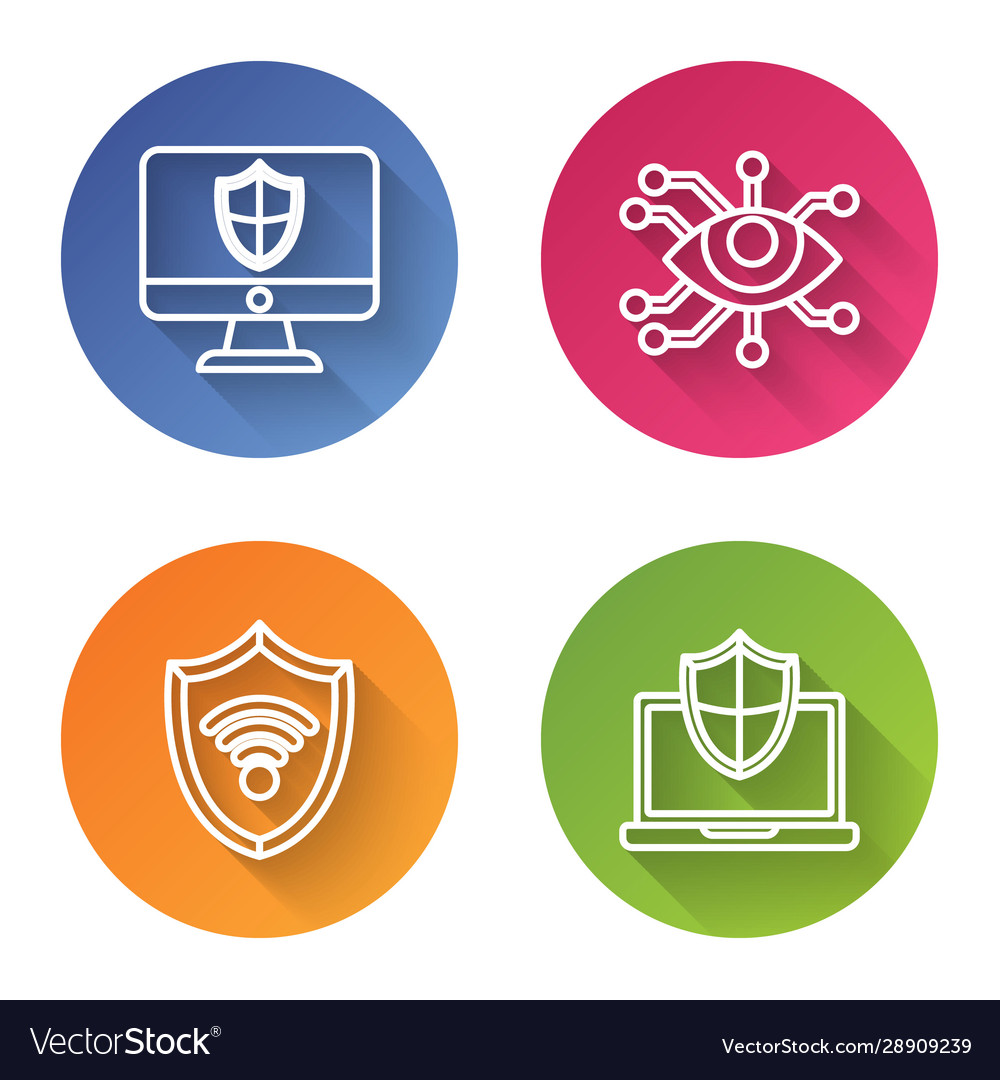 Set line computer monitor and shield eye scan vector image Set line computer monitor and shield eye scan