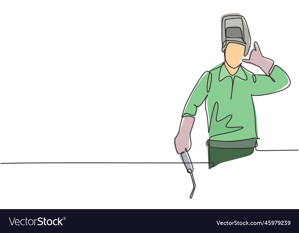 Single continuous line drawing welder with call Vector Image