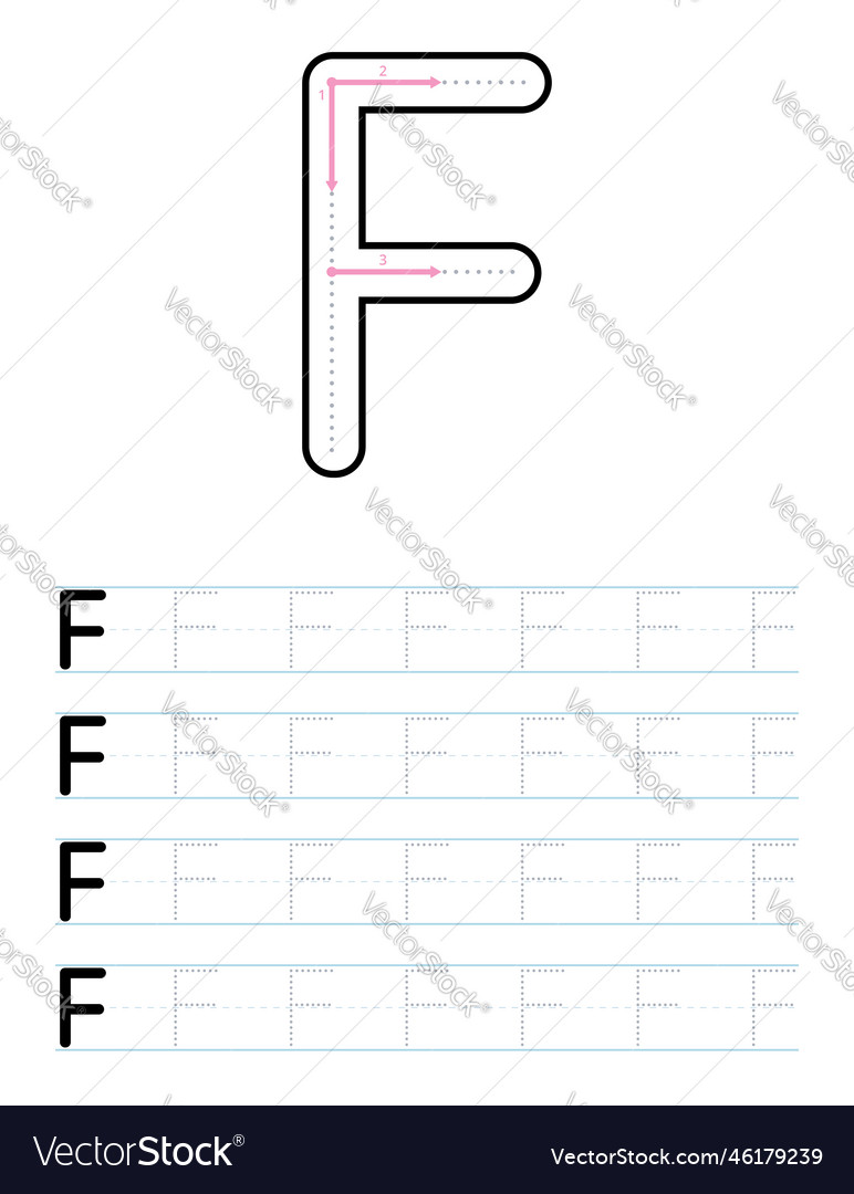 Tracing uppercase letter f worksheet for kids Vector Image