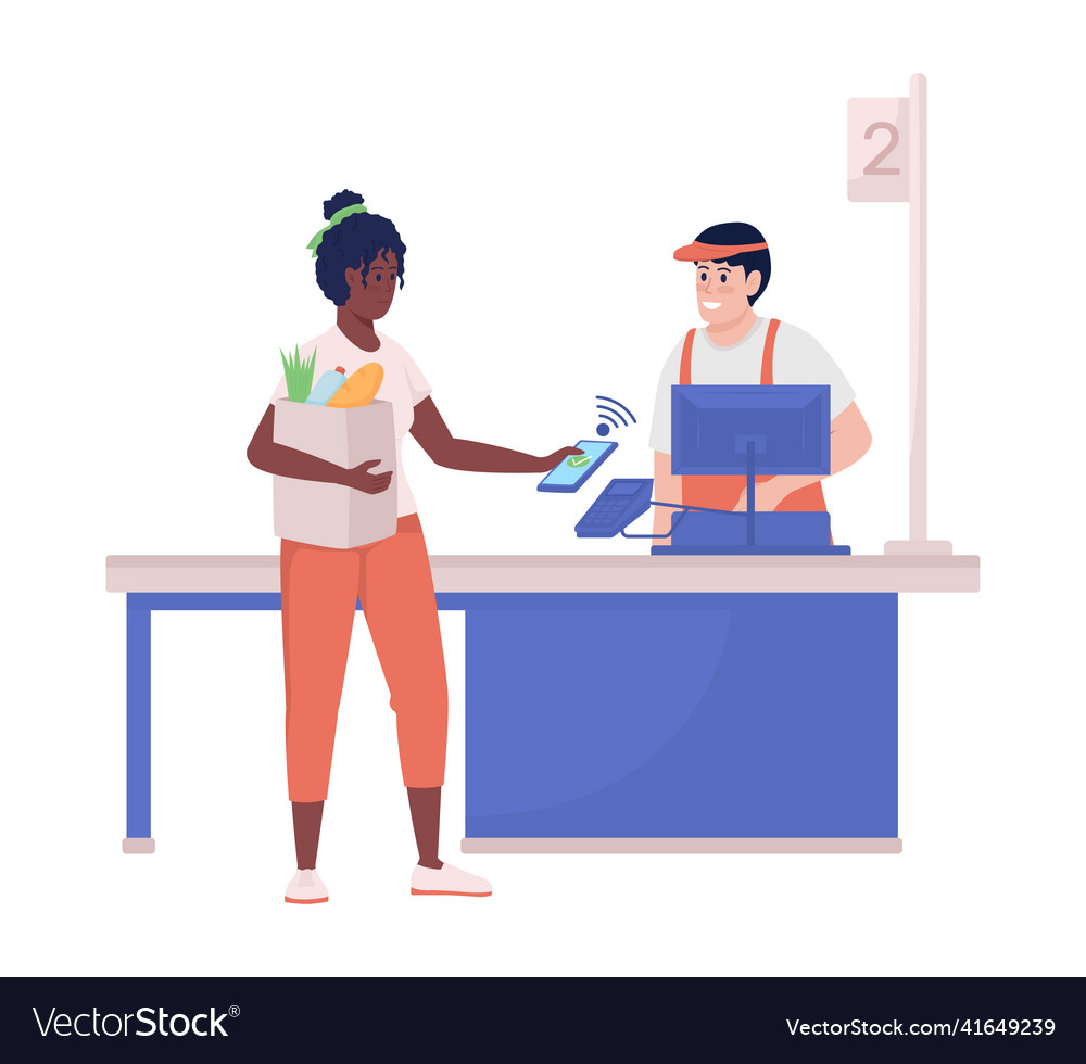 Woman paying at store semi flat color character