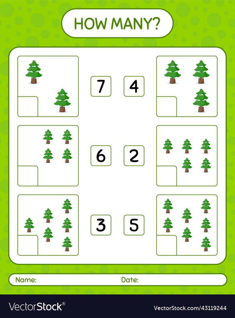 How many counting game with pine tree worksheet vector image How many counting game with pine tree worksheet