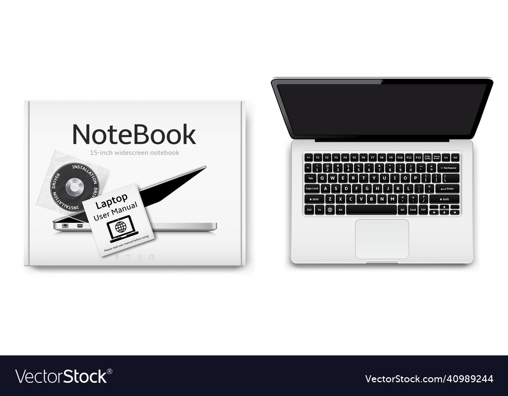 New notebook computer and box with installation vector image New notebook computer and box with installation