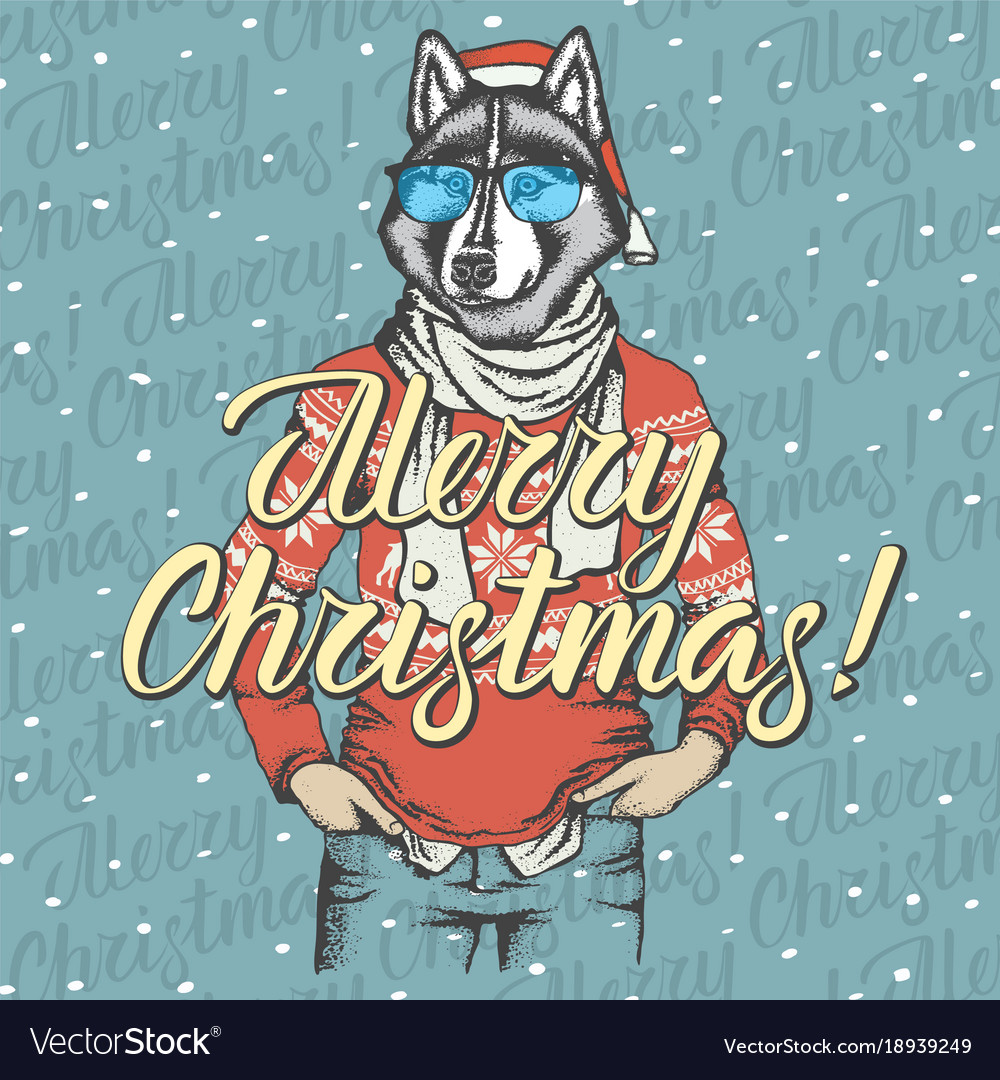 Christmas husky dog in santa hat and lettering