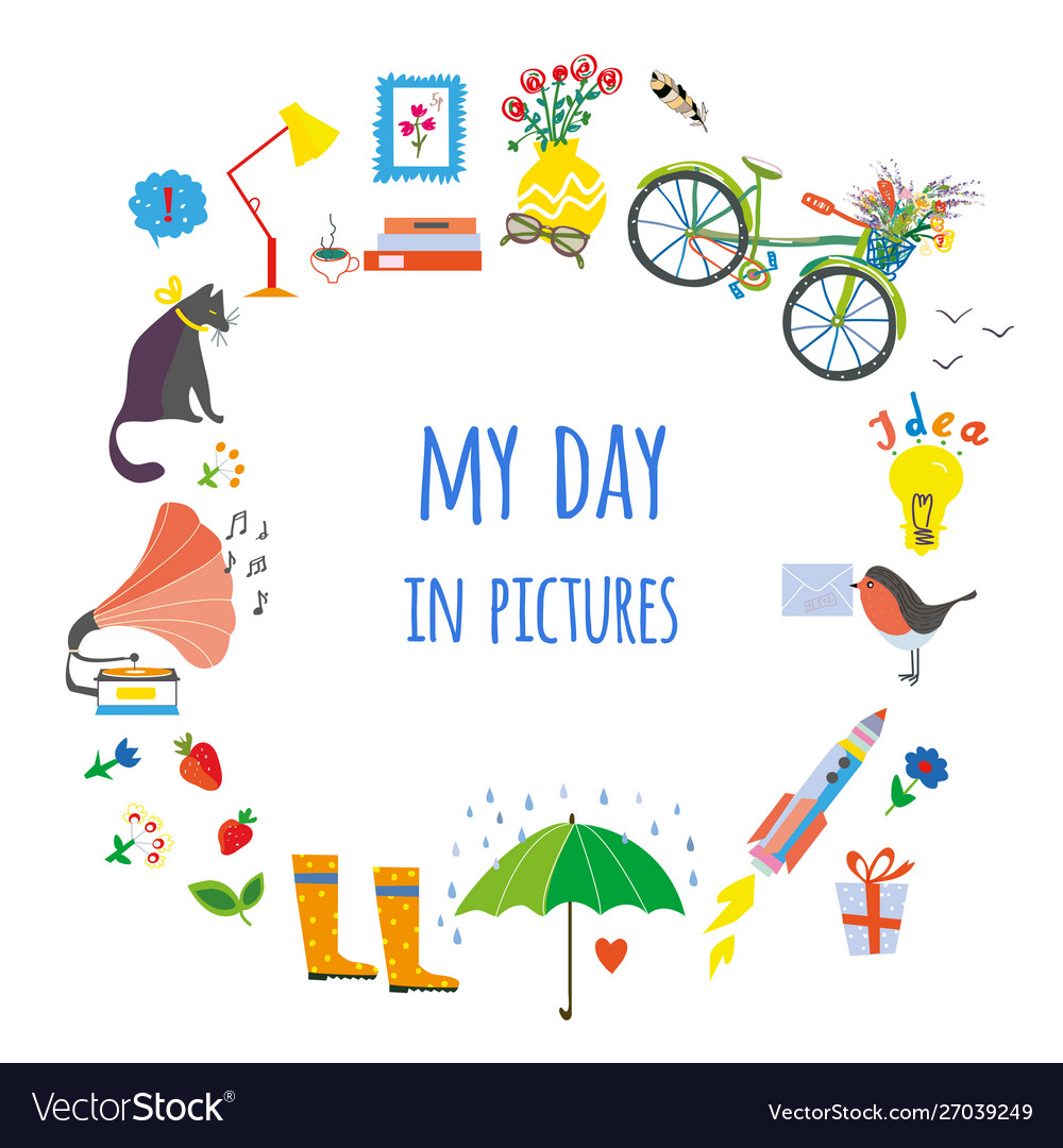 My day card with objects and decorations - concept vector image My day card with objects and decorations - concept
