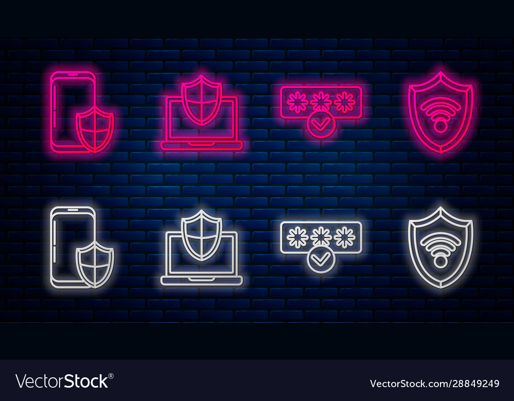 Set line laptop protected with shield password vector image Set line laptop protected with shield password