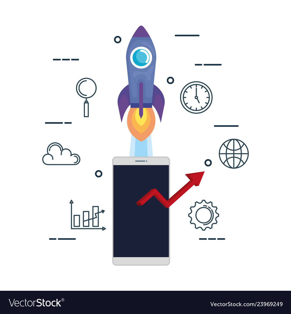 Smartphone with rocket and set icons