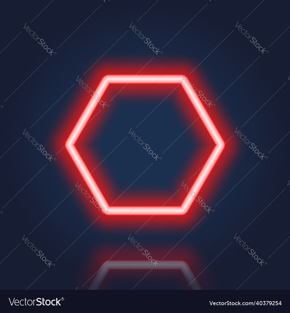 Red realistic hexagon neon banner with reflection