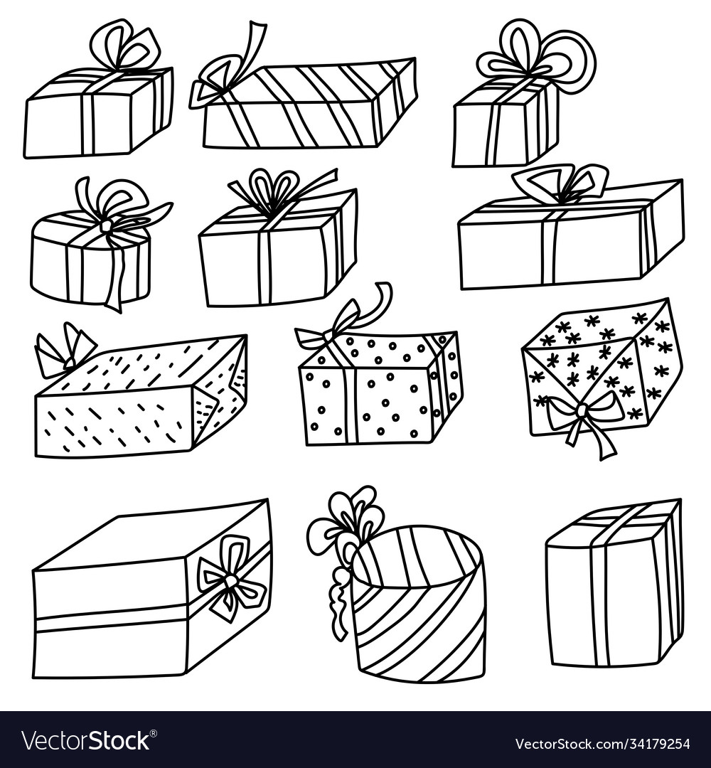 Set doodle gift boxes with bows various Royalty Free Vector