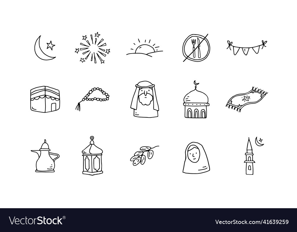 Set of hand drawn icons for holy month ramadan vector image Set of hand drawn icons for holy month ramadan