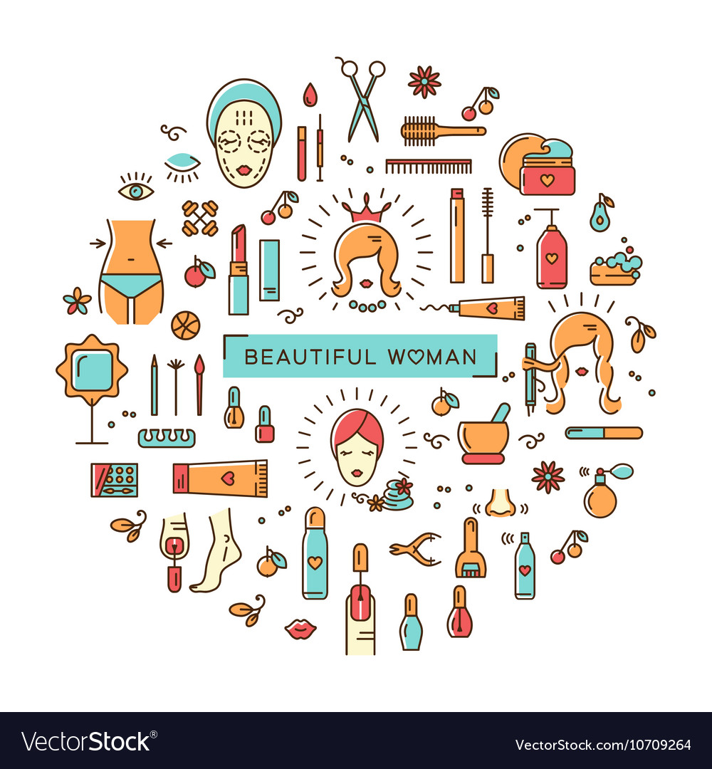 Beauty set line icons art beautiful woman